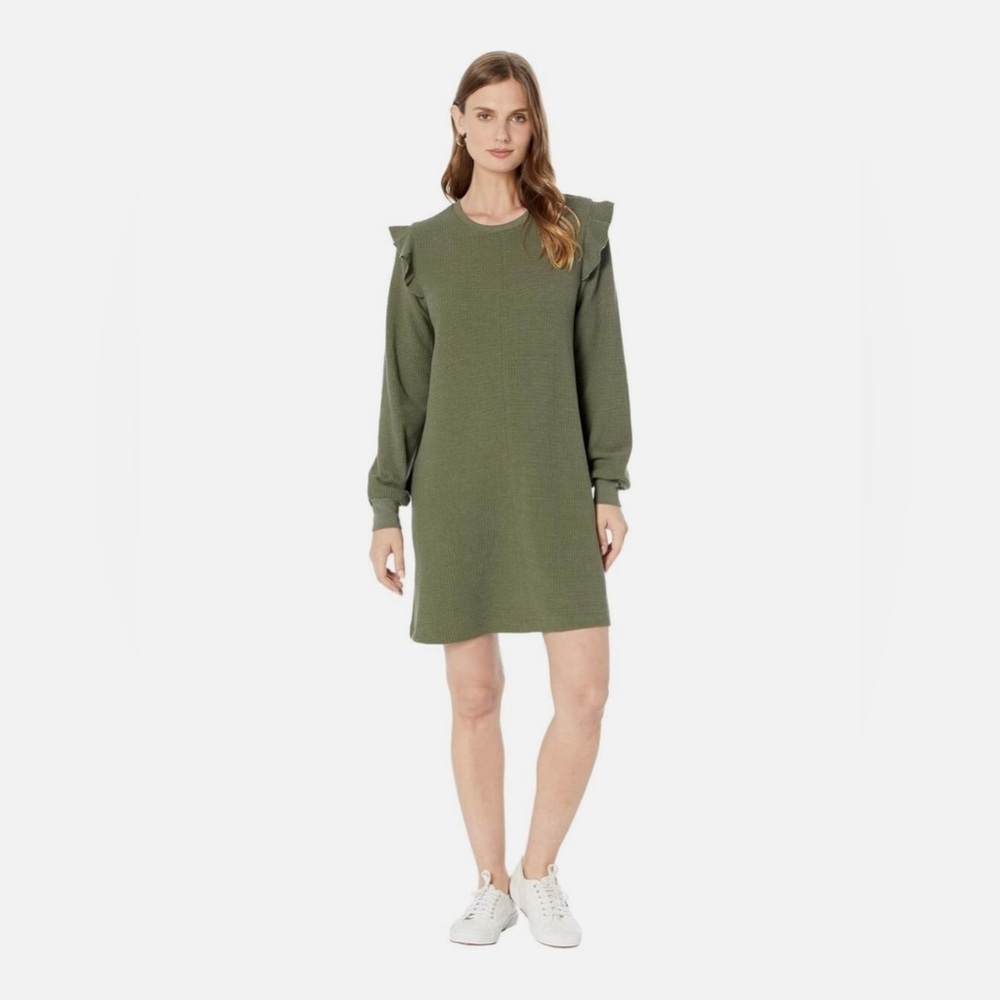 Lilla|P, Waffle Knit Moss Green Long Sleeve Mini Dress with Ruffle Sleeves, LRG